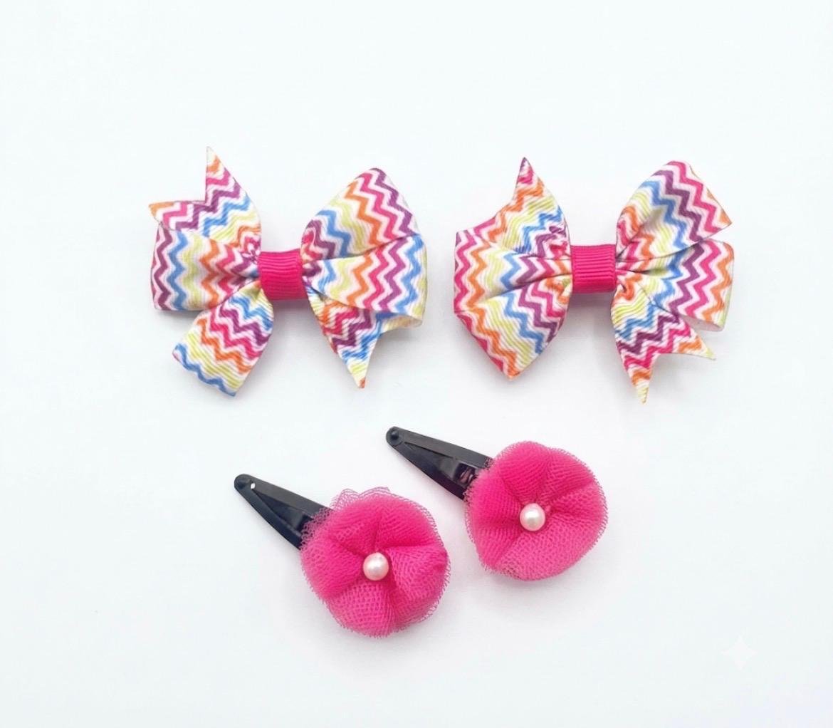 Set of 2 Pairs - Tulle Flower Clips on Tic Tacs and Grosgrain Chevron Patterned Ribbon Bows - Premium Ribbons - Pink, Multicolor - Handmade with Love