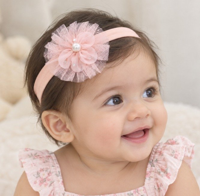 Infant Headbands - Head Wraps - Lovely Tulle Flower with Pearls Headband - Peach