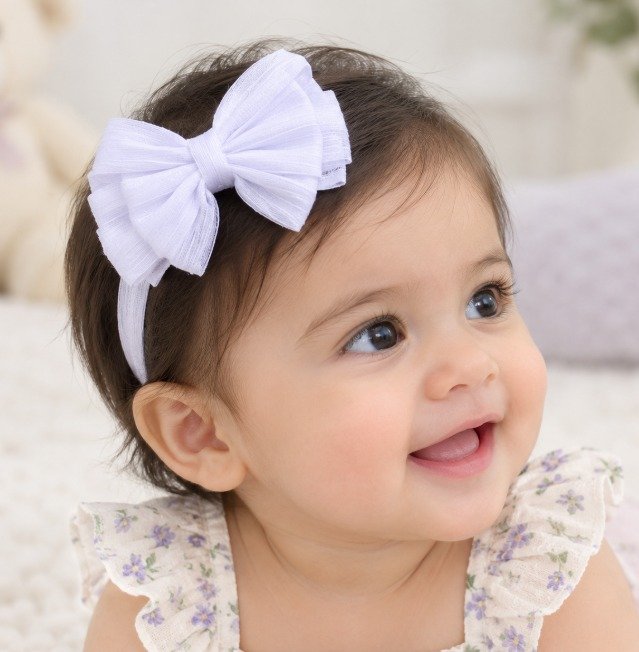 Infant Headbands - Head Wraps - Lovely Tulle Double Bow - White
