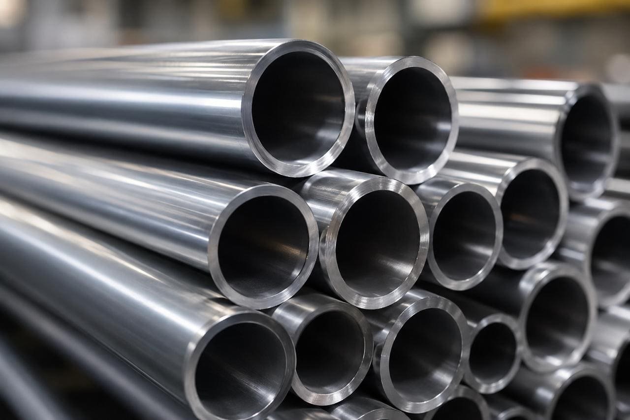 Chromoly steel pipes and tubes stacked in a warehouse with visible price tags per kg, representing metal and steel industry pricing.