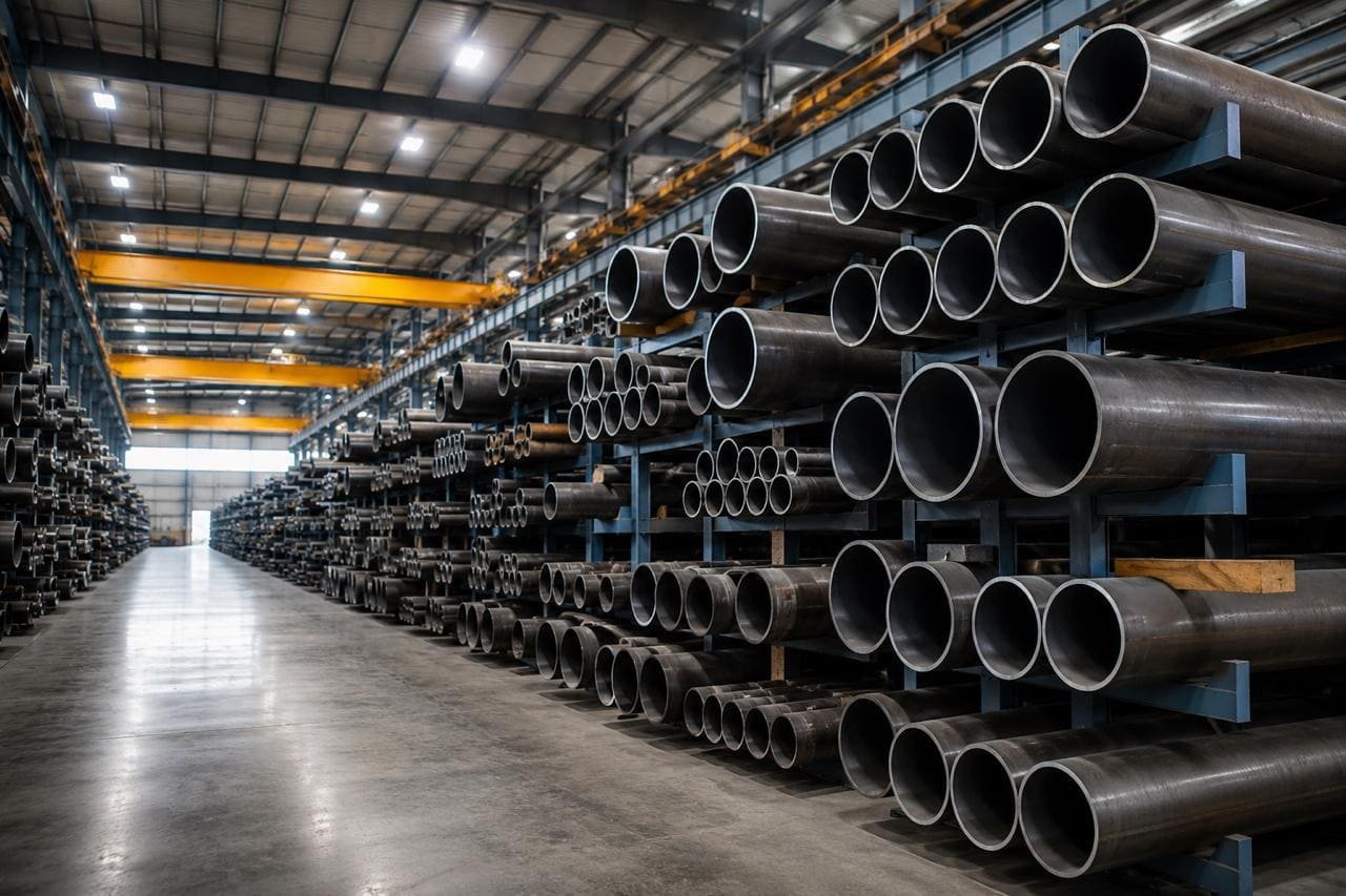 Stacks of chromoly steel tubes and pipes in a manufacturing warehouse with industrial machinery visible in the background