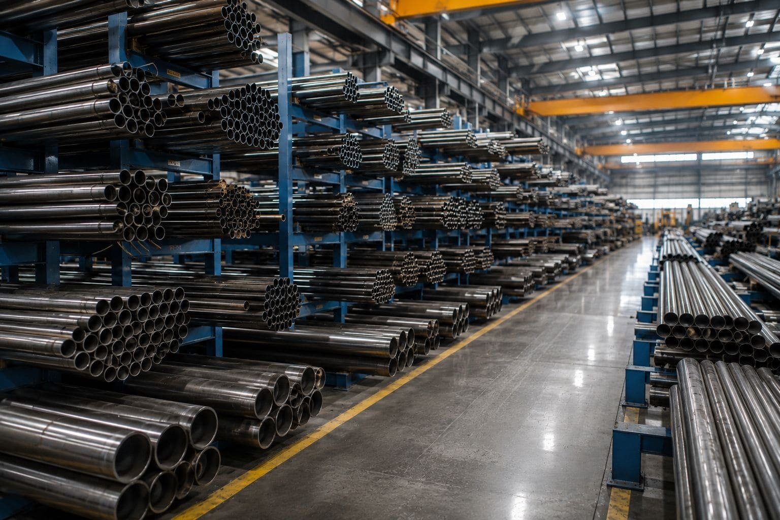 4130 chromoly tubing arranged on industrial shelves in a steel warehouse, showcasing different sizes and a professional metal supply environment.
