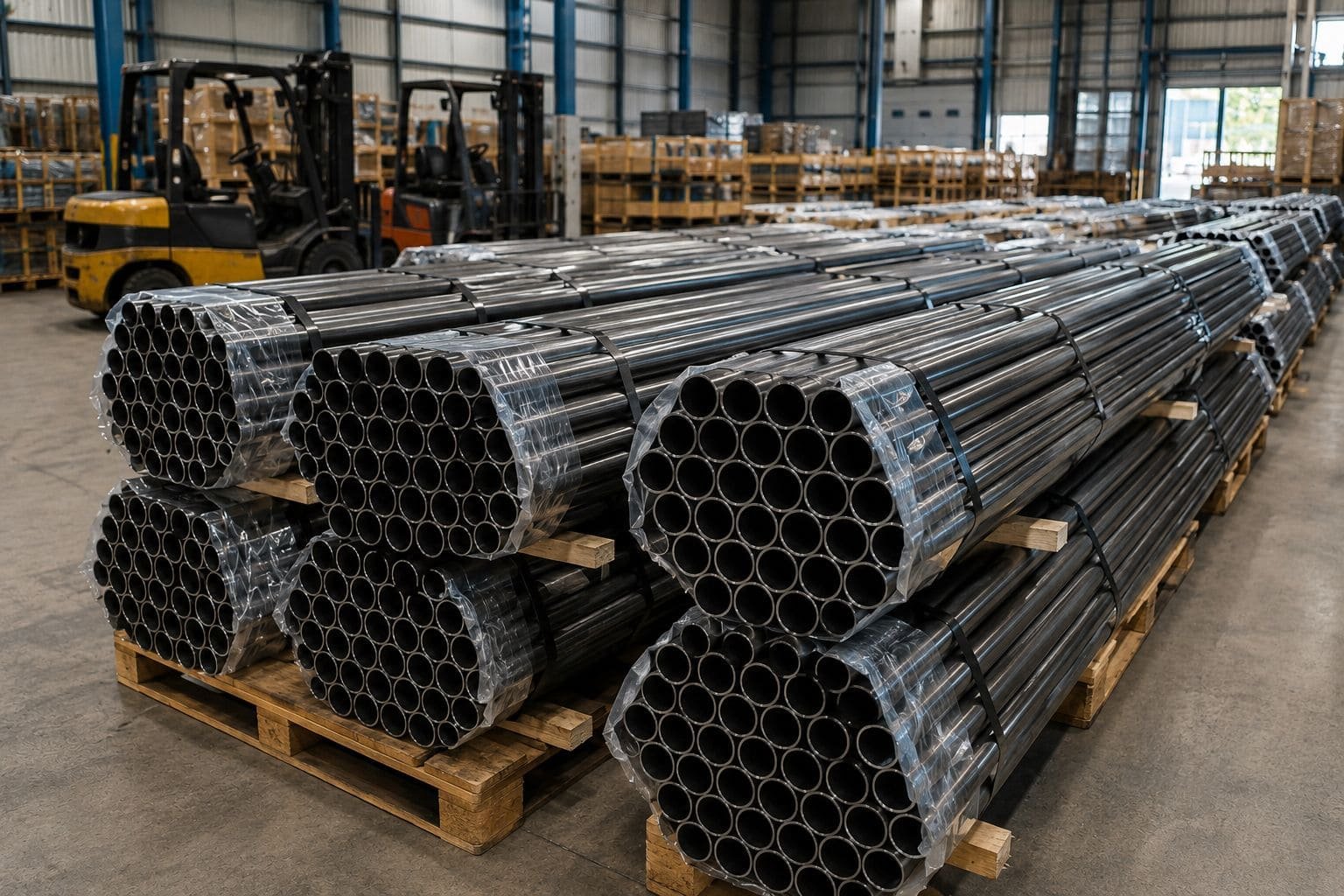 Rows of 4130 chromoly steel tubes arranged in a warehouse, emphasizing their smooth finish and durable metal construction for sale in the metal and steel industry.