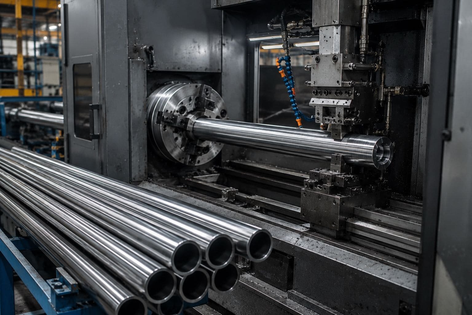 Stacked chromoly steel tubes on warehouse racks with visible price tags per foot in a metal and steel industry setting.