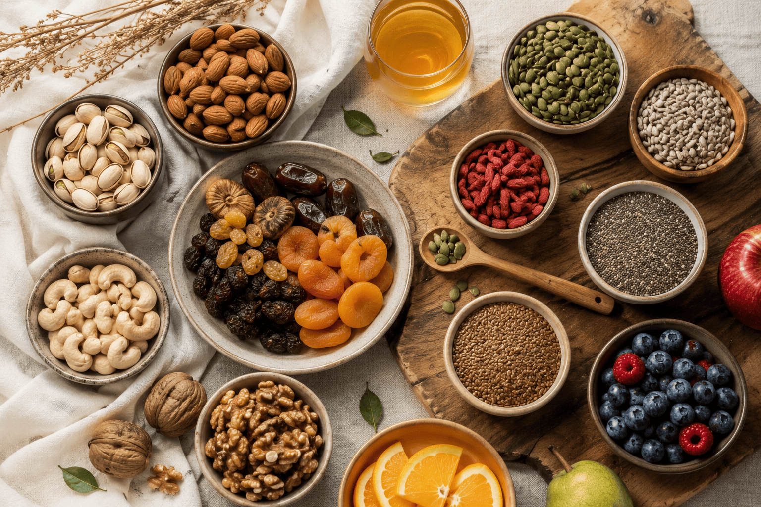 Assorted fresh dry fruits including almonds, cashews, walnuts, and raisins displayed in a wooden bowl, highlighting healthy snacking options for improved nutrition.